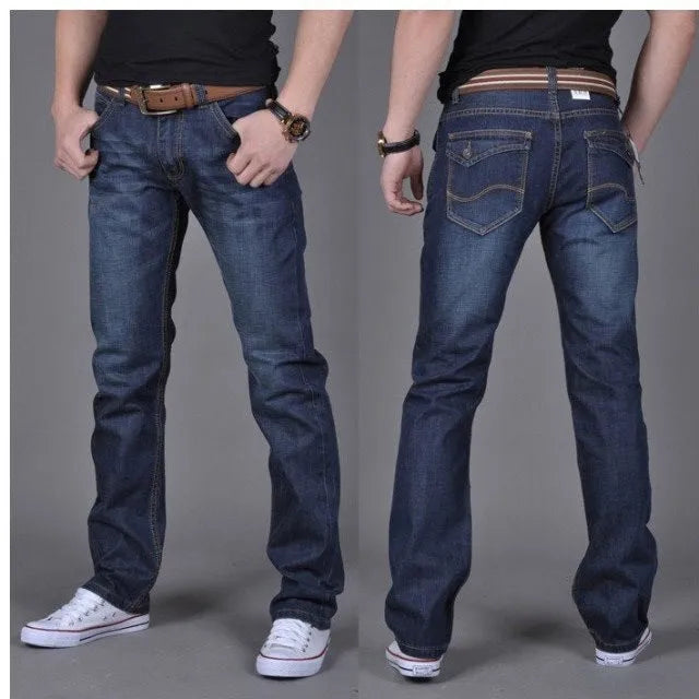 Men's blue denim straight-leg long pants, 75% cotton, full length, sizes 28-38