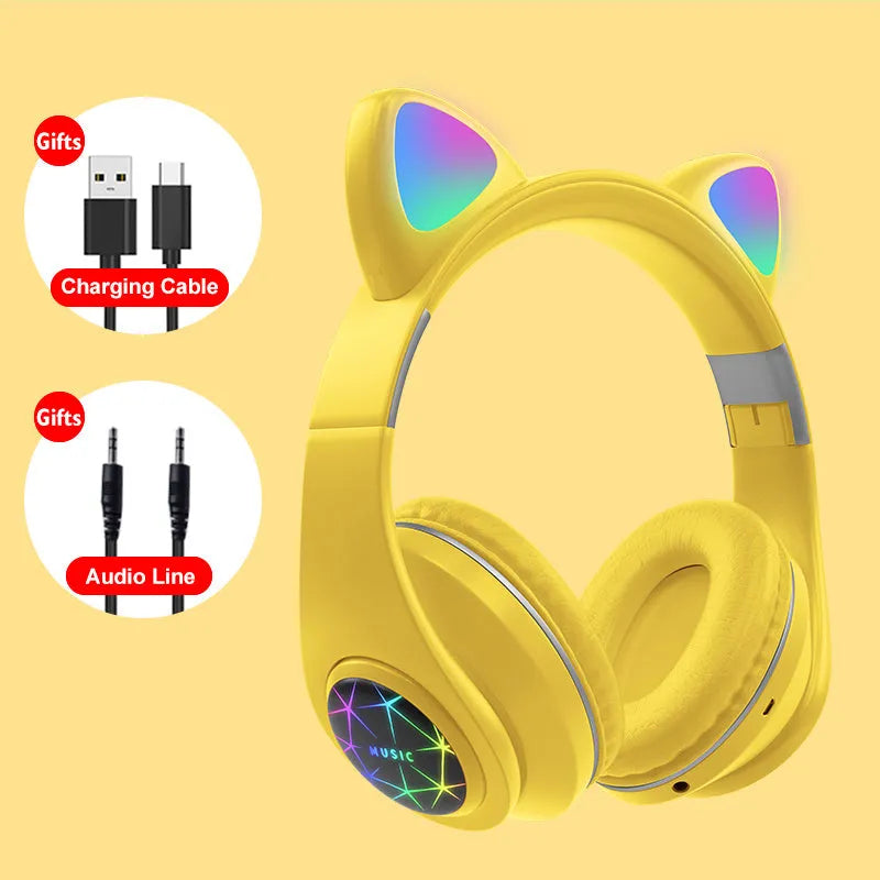 Cat ear style wireless Bluetooth sports headset shown in multiple colour options including pink, blue, and black.
