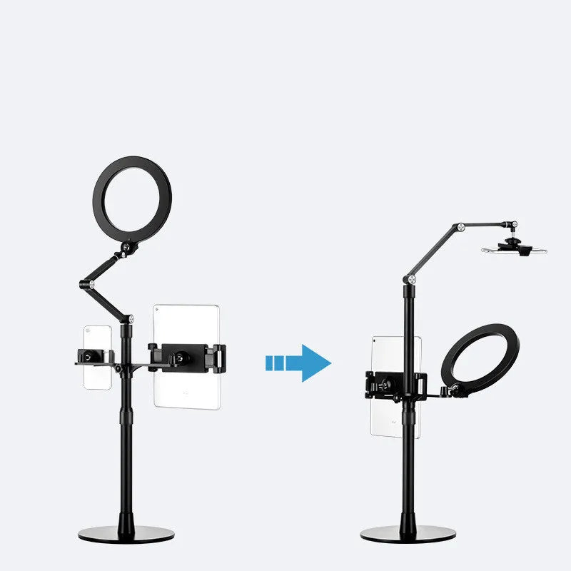 Black aluminium alloy mobile phone tablet stand with fill light for live broadcast shooting