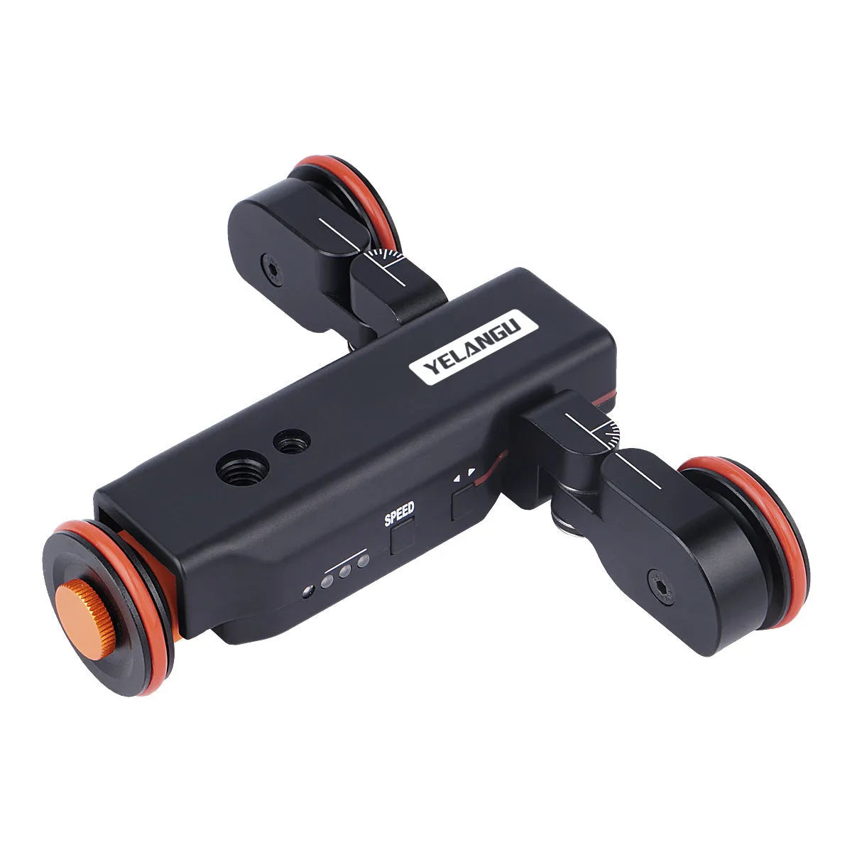 Wolf King L4X mobile camera remote control slide car with black body and silver remote on a tabletop