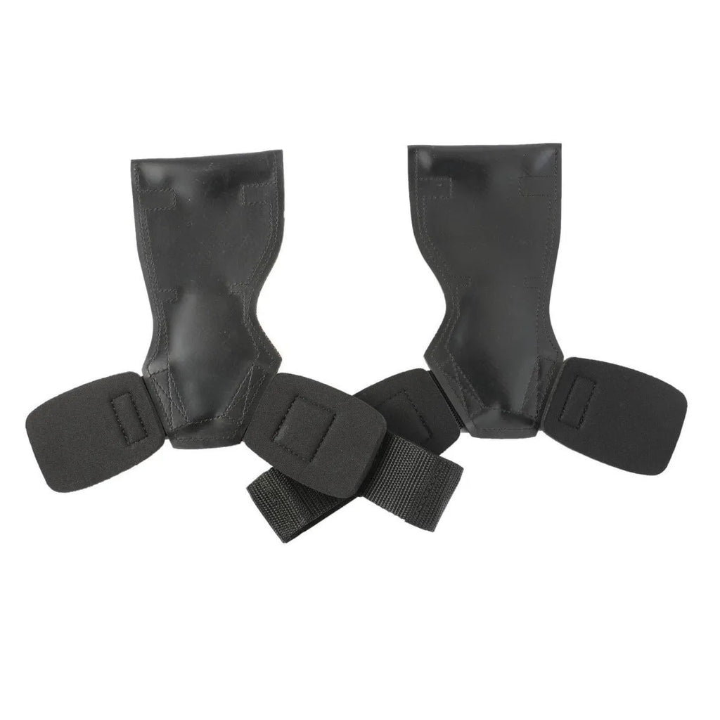 A pair of black rubber palm protection assist belts for rock climbing and weightlifting.