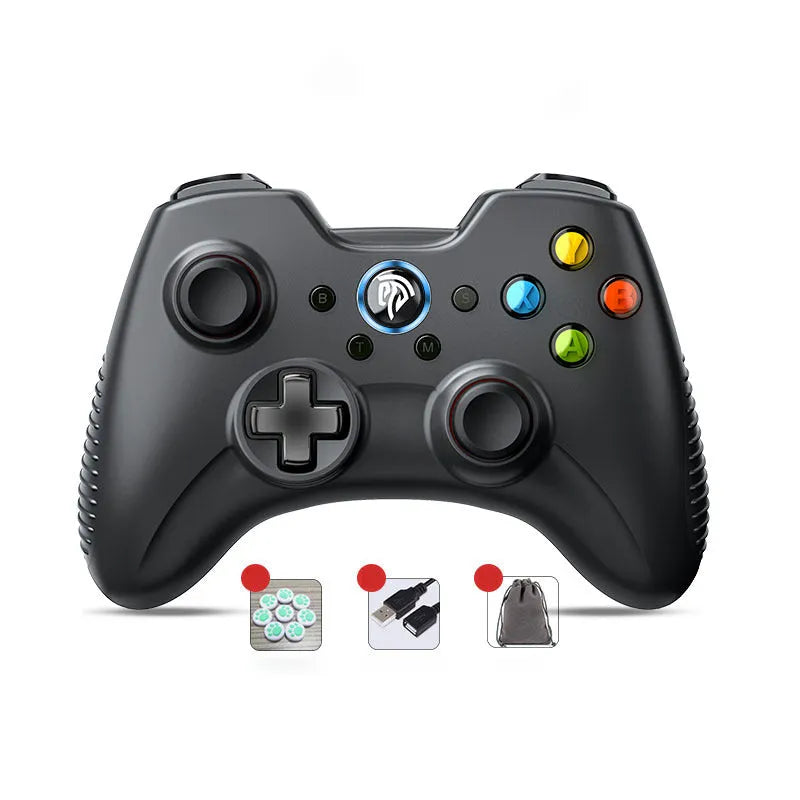 Black dual-mode wireless game controller for PC with coloured action buttons, shown with USB dongle and spare thumbstick caps.