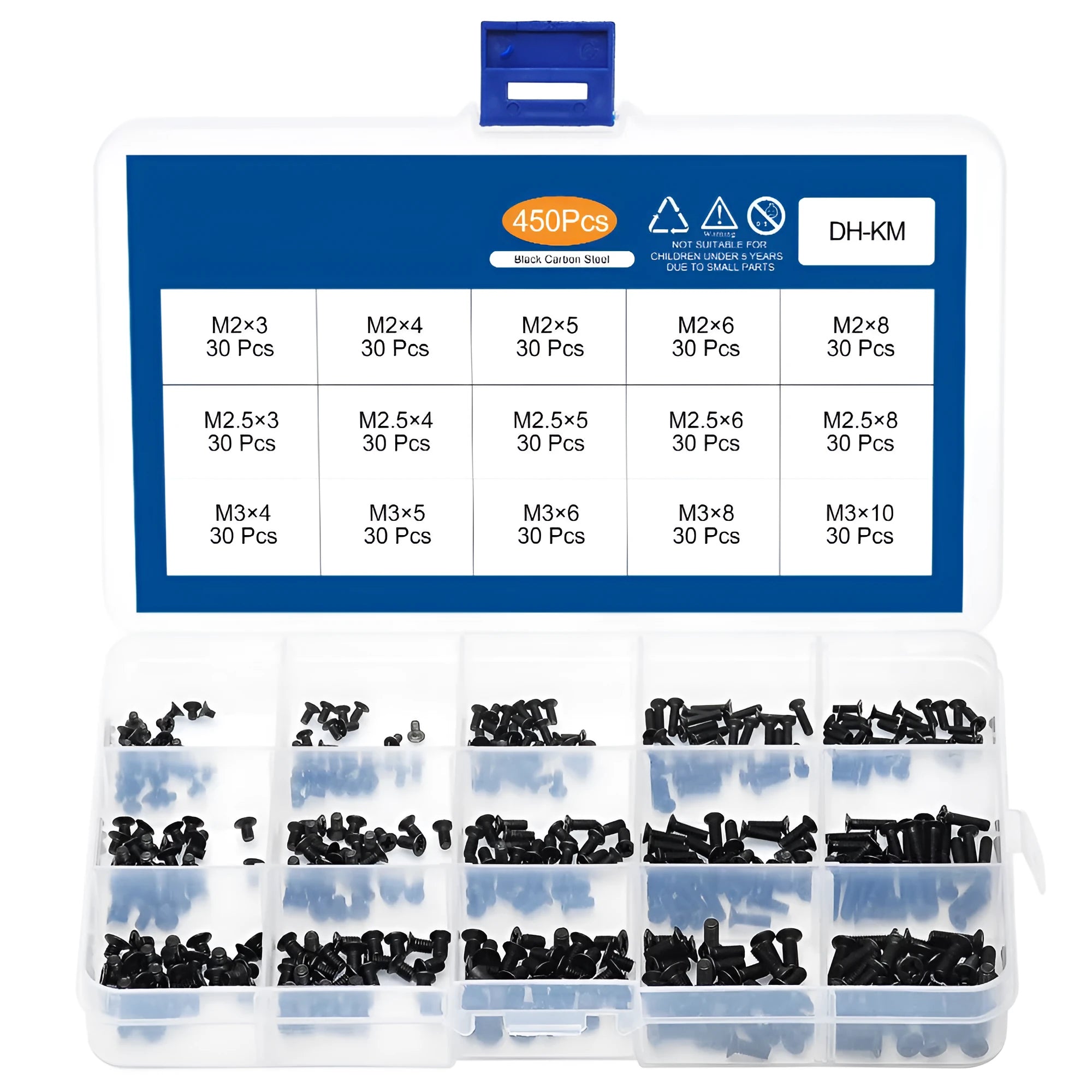 Black plated flat head laptop machine screws with Phillips drive, shown loose and in a box.