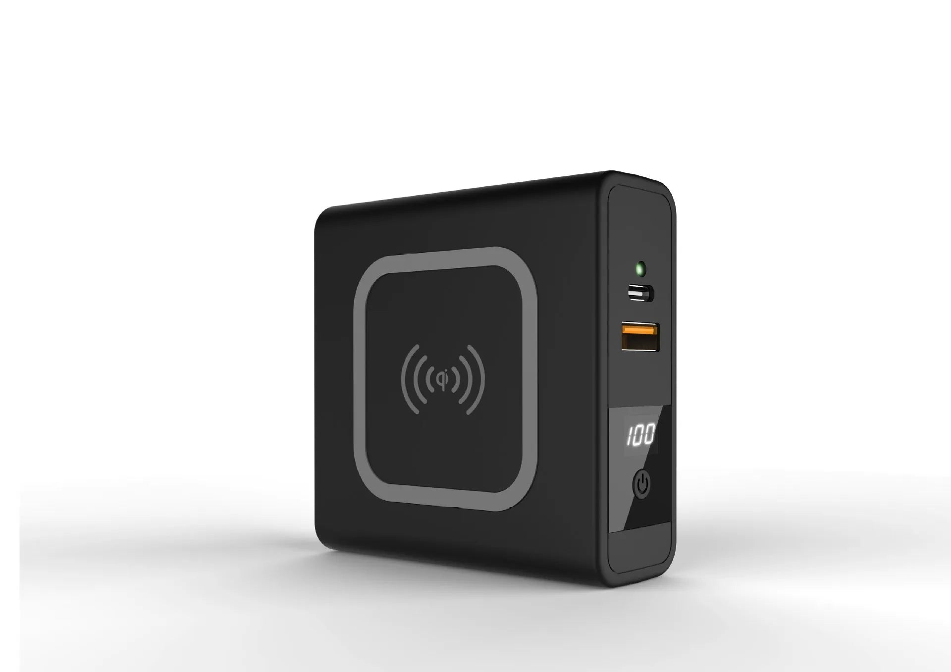 Black and white wireless charging power bank with folding UK plug and international travel adapters