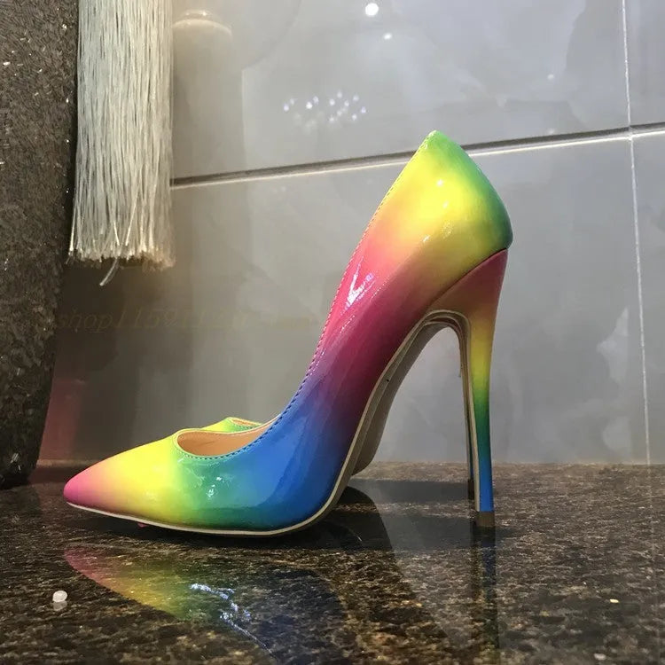 Rainbow multicolour patent leather women's high heel shoe with thin heel and pointed toe.