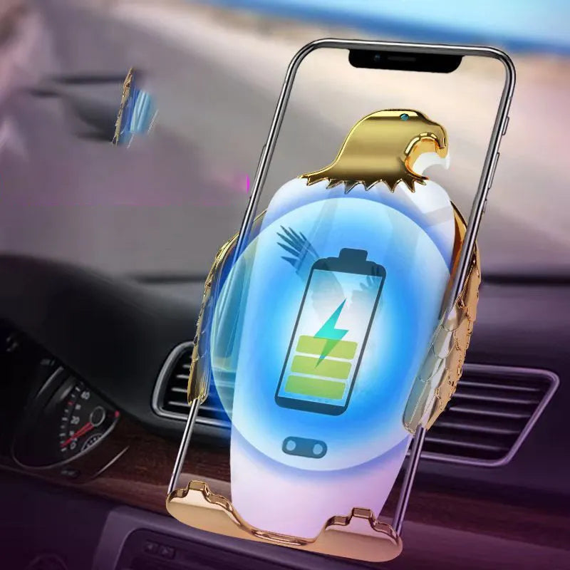 Eagle style wireless charging car phone holder with suction cup mount in black and gold colour.