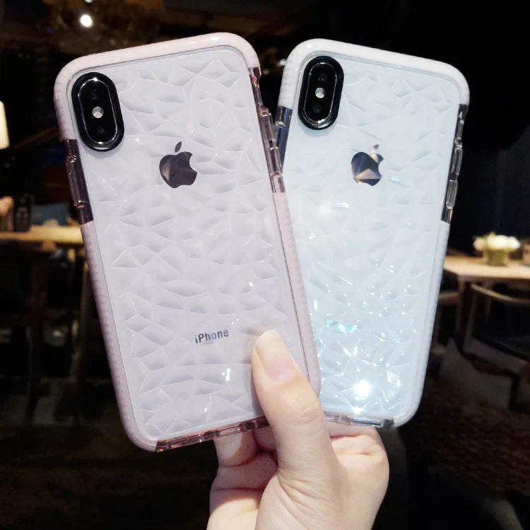 TPU iPhone back cover case with a striped pattern, shown in pink edge, white edge, and black border colour options.