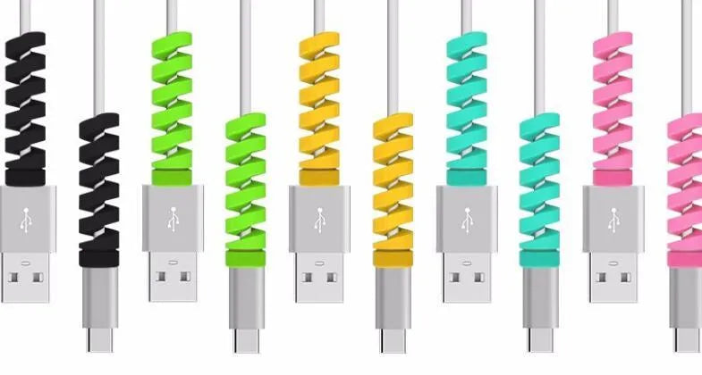 Two plastic cable protectors, 3.5cm long, in assorted colours next to a charging cable.