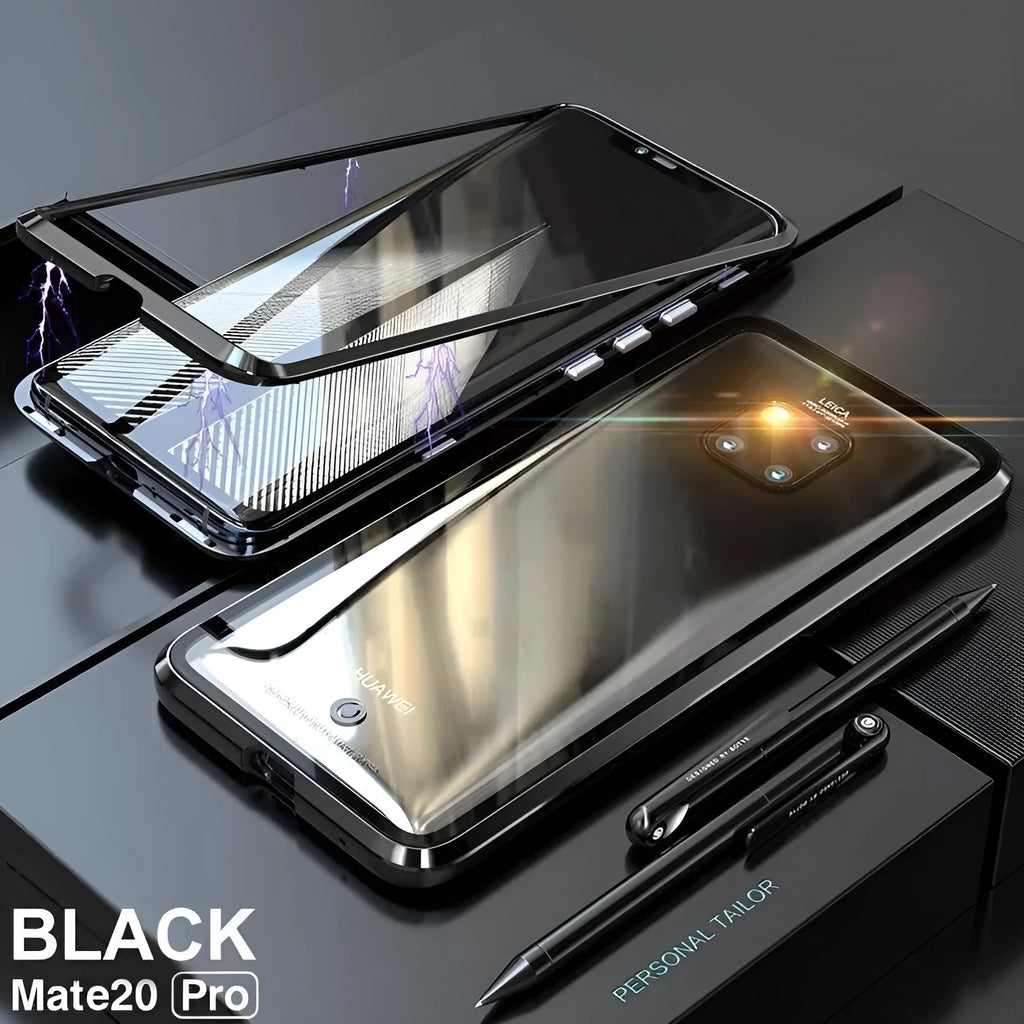 Black magnetic phone case with metal frame and clear tempered glass back for Huawei P30