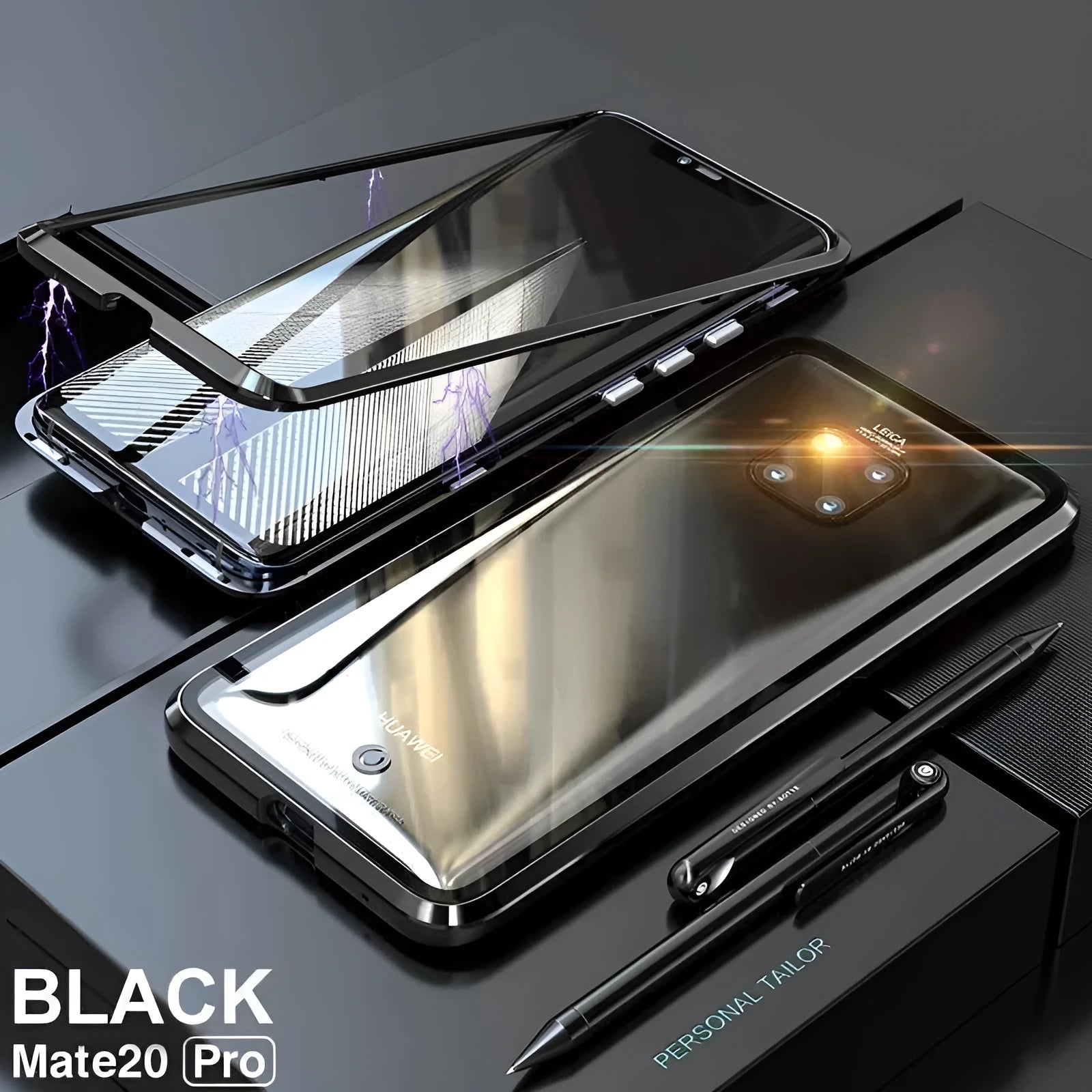 Black magnetic phone case with metal frame and clear tempered glass back for Huawei P30