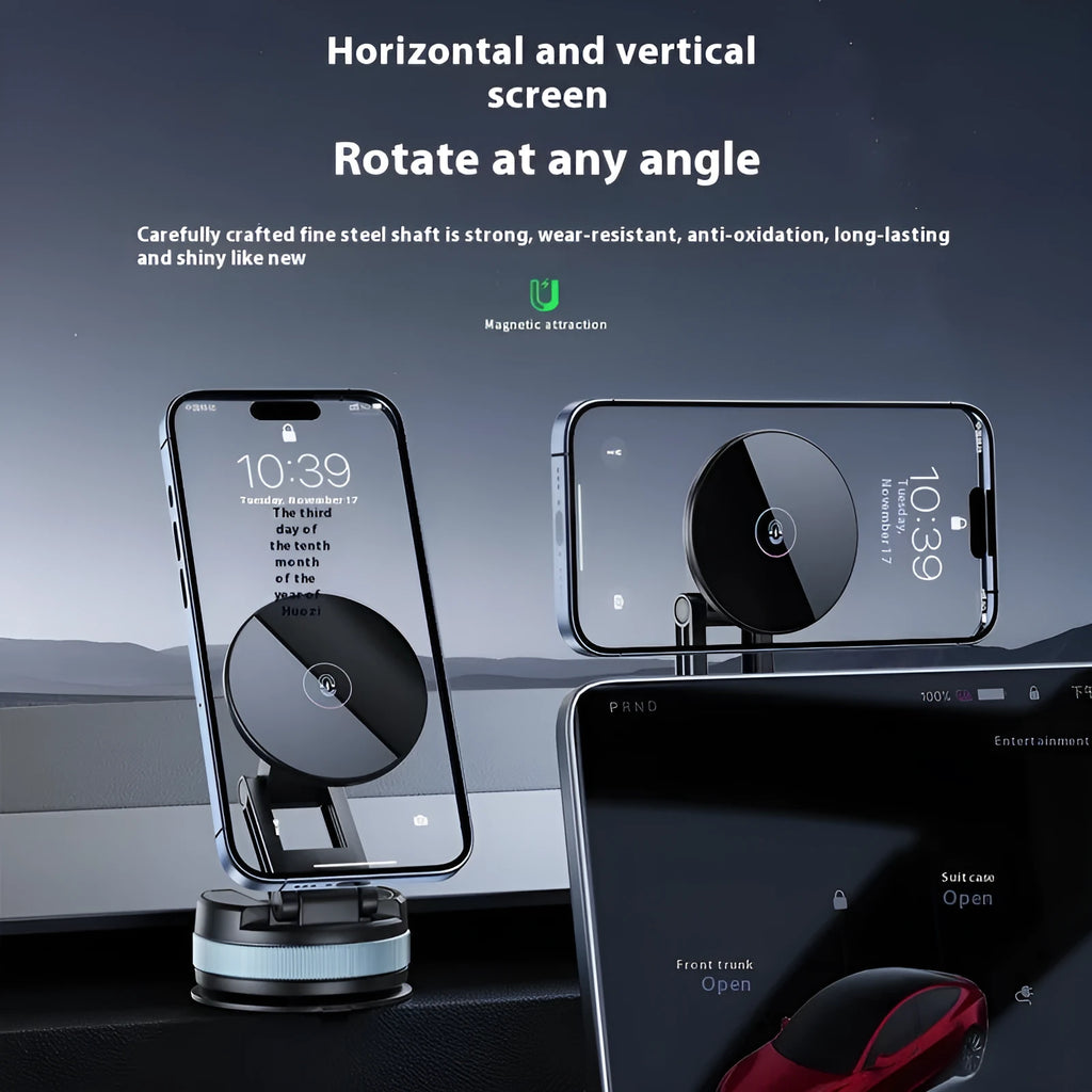 Black magnetic car phone holder with suction cup base, PC ABS, folding and regular options
