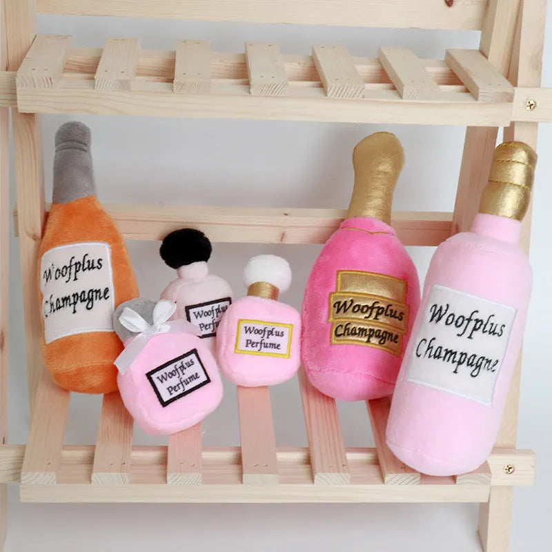 Plush wine bottle shaped pet toy for dogs and cats in multiple colours