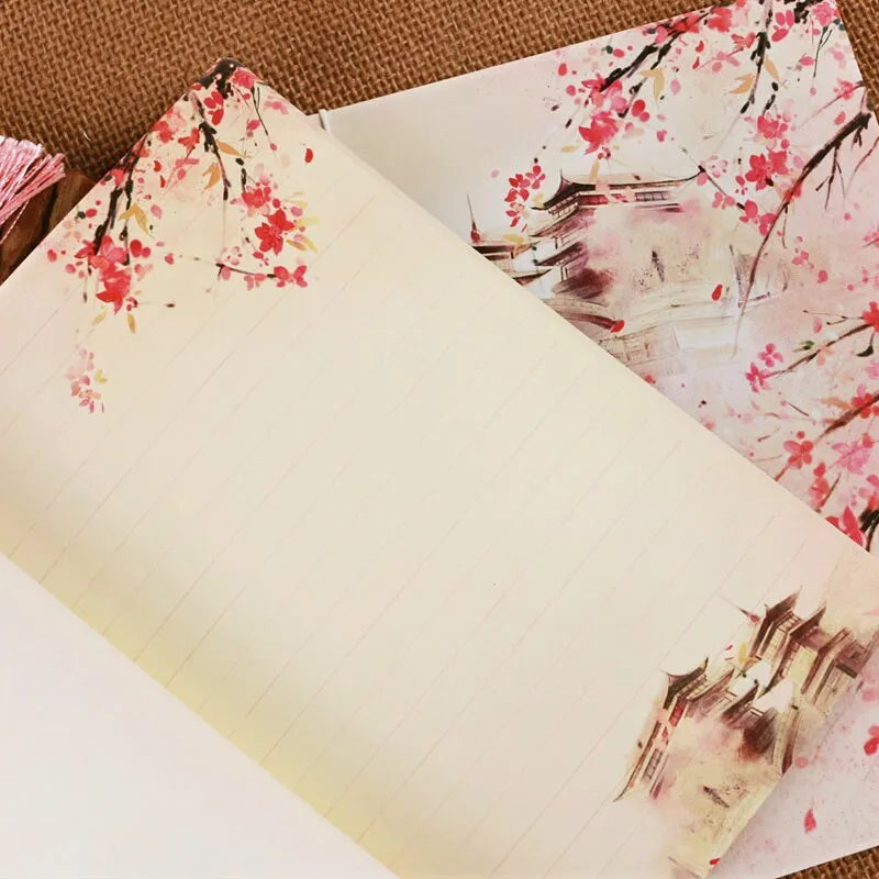Azalea coloured retro Chinese style line-bound notebook with thread binding and 80gsm Dolin paper