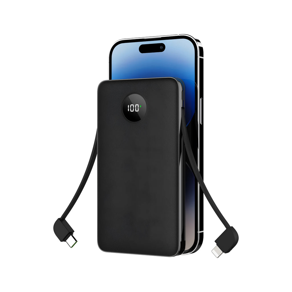 10000mAh fast charge power bank with digital display, plastic shell, 129x70x17mm, in black, white, and orange colours