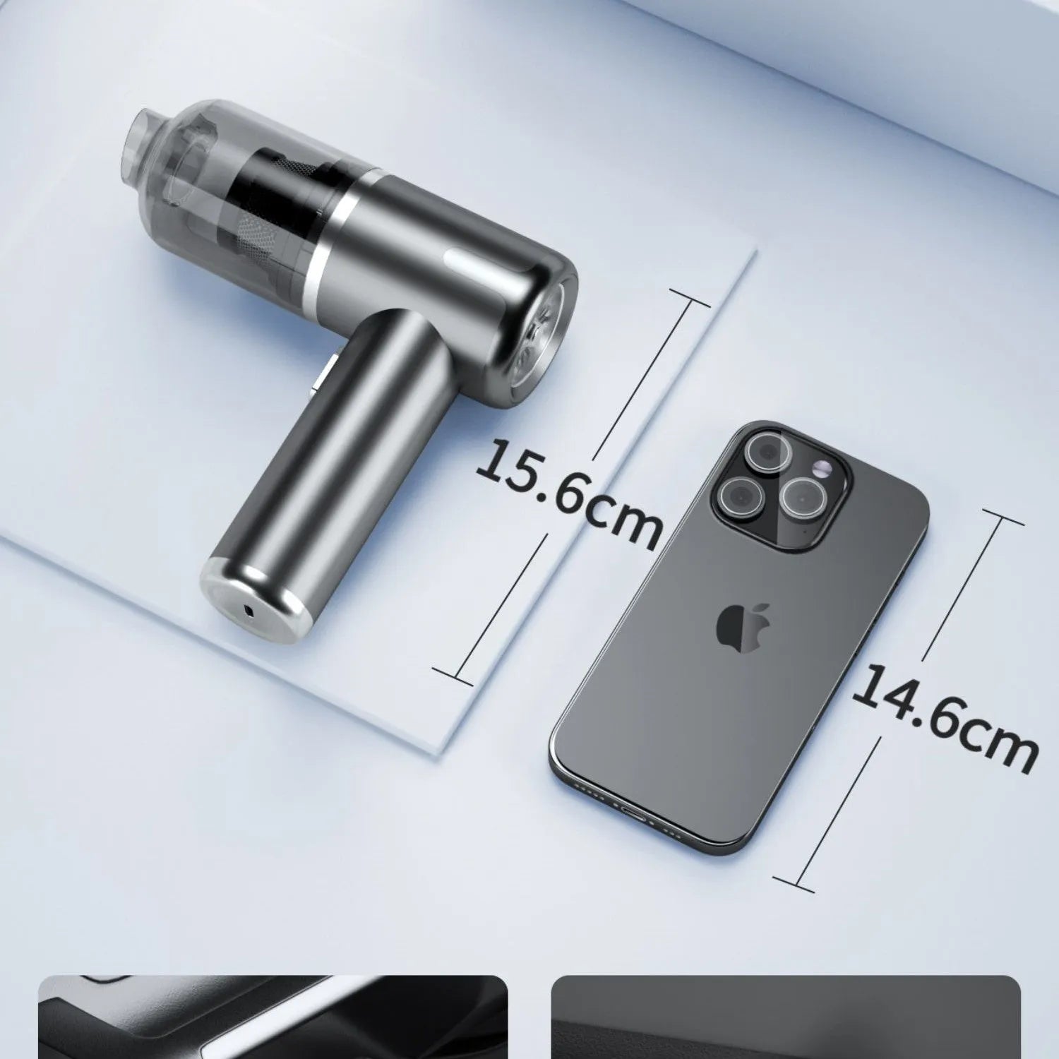 Cordless handheld car vacuum cleaner with suction nozzle, brush, blower accessory, and Type-C charger