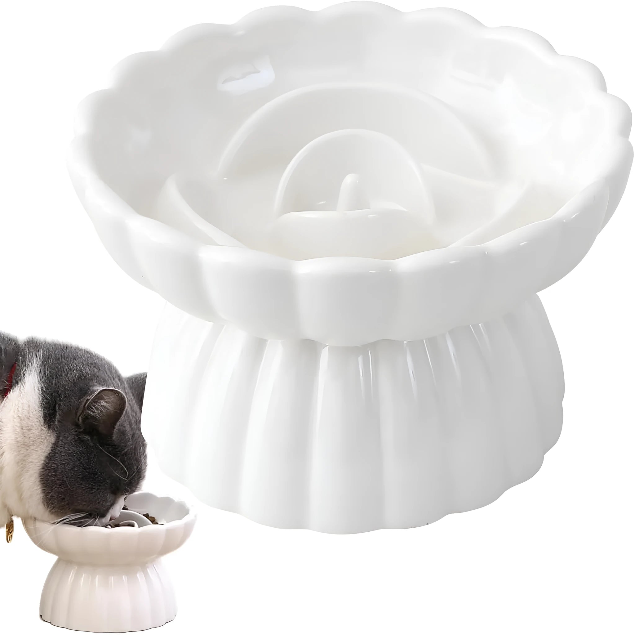 Ceramic flower pool slow feed dish for cats and small dogs with higher edges, in white