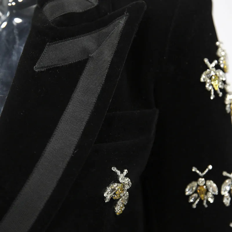 Black velvet blazer with cashmere main fabric, animal pattern, suit collar, long sleeves and slim OL commute fit.