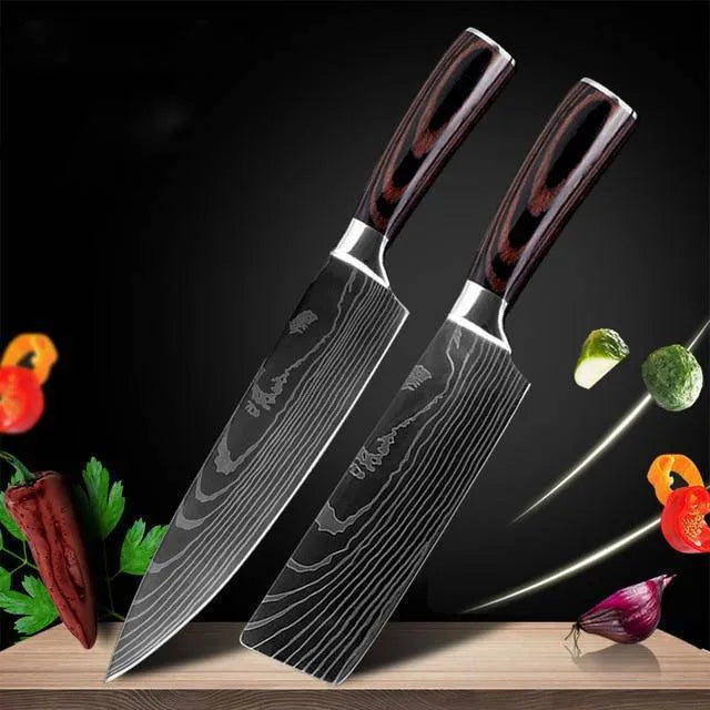 7Cr17 stainless steel chef knife with 18cm blade, laser Damascus pattern, and coloured wood handle