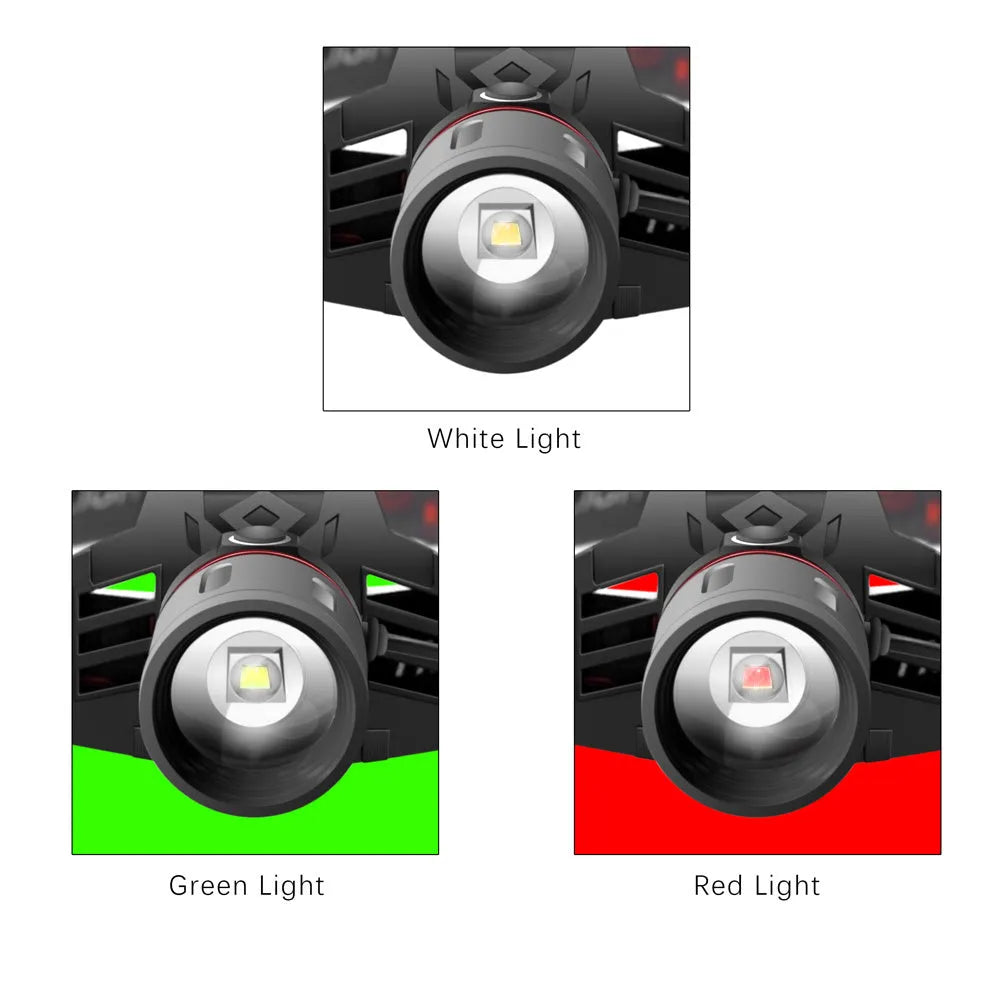 T6 LED headlamp showing white, red, and green light modes with zoomable focus and head strap