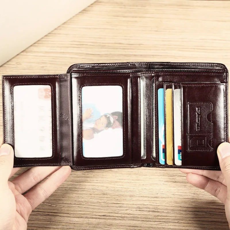 Men's leather wallet showing multiple internal compartments including photo slot and card holders