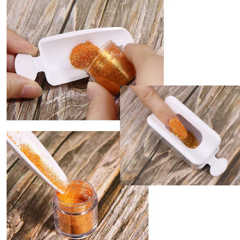 Three-layer white plastic nail powder box on a table for storing nail powder containers