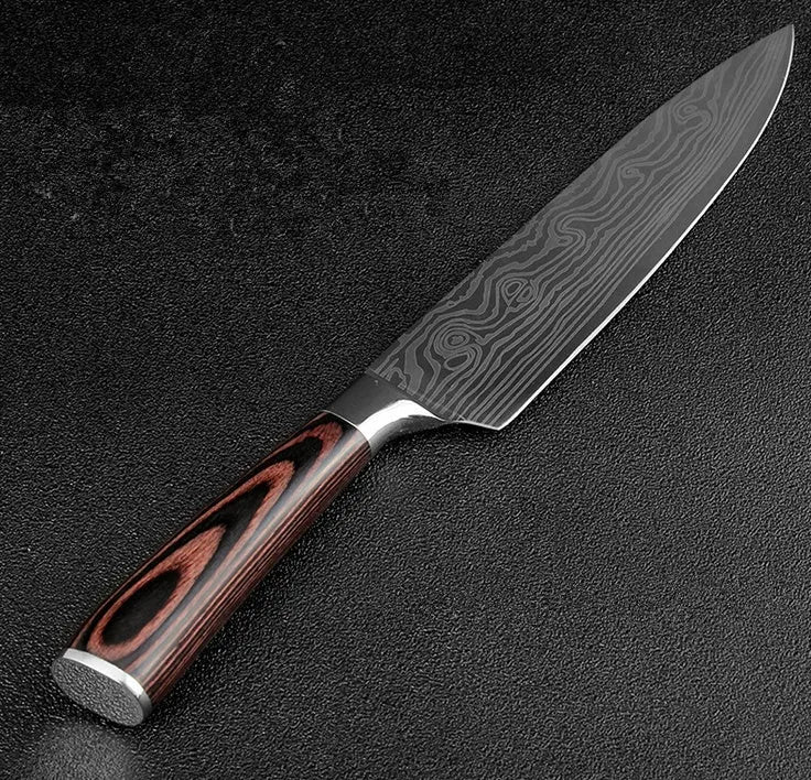 7Cr17 stainless steel chef knife with 18cm blade, laser Damascus pattern, and coloured wood handle