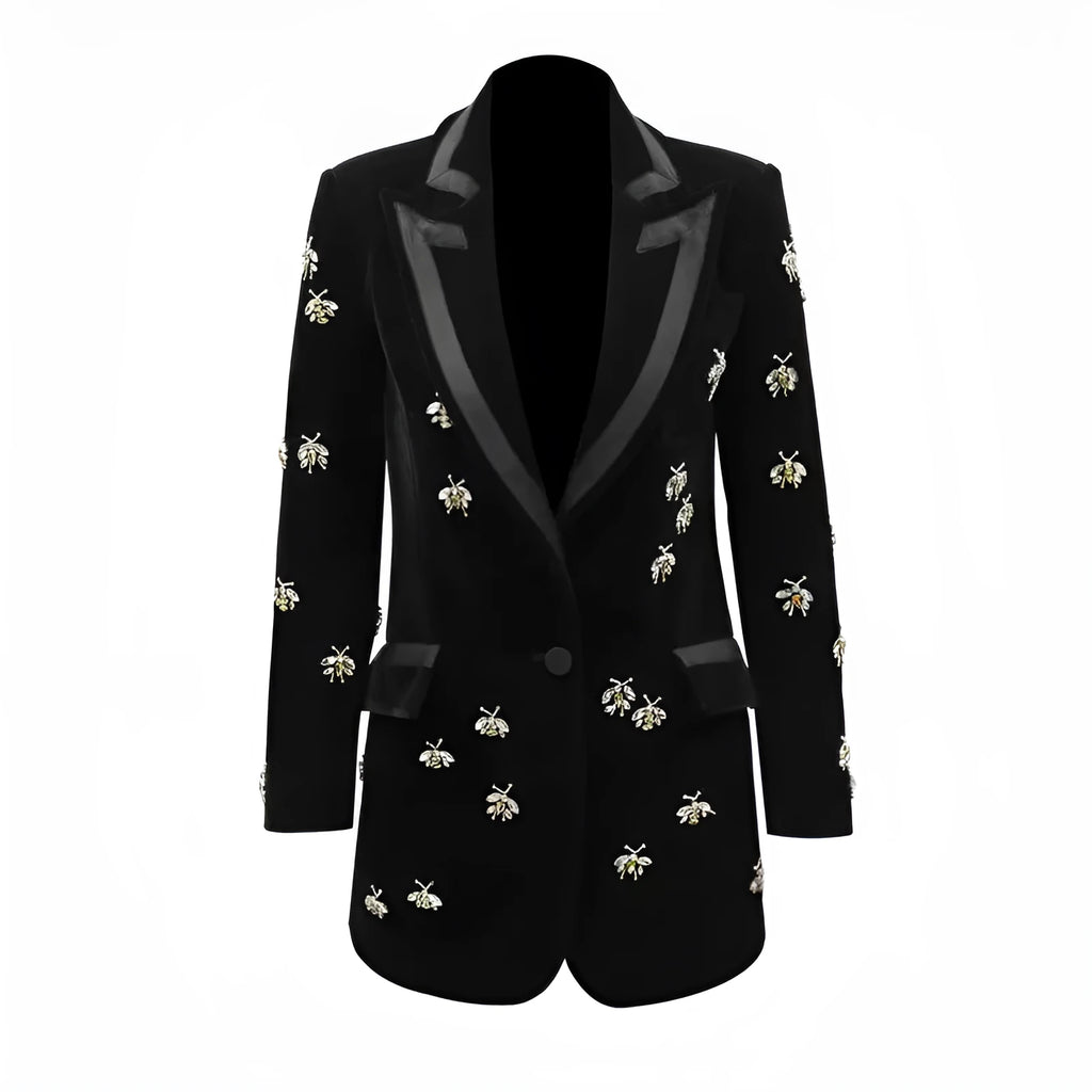 Black velvet blazer with cashmere main fabric, animal pattern, suit collar, long sleeves and slim OL commute fit.