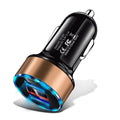 Dual USB car charger with display and aluminium alloy ring, available in five colours