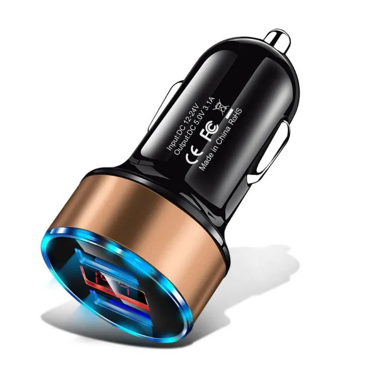 Dual USB car charger with display and aluminium alloy ring, available in five colours