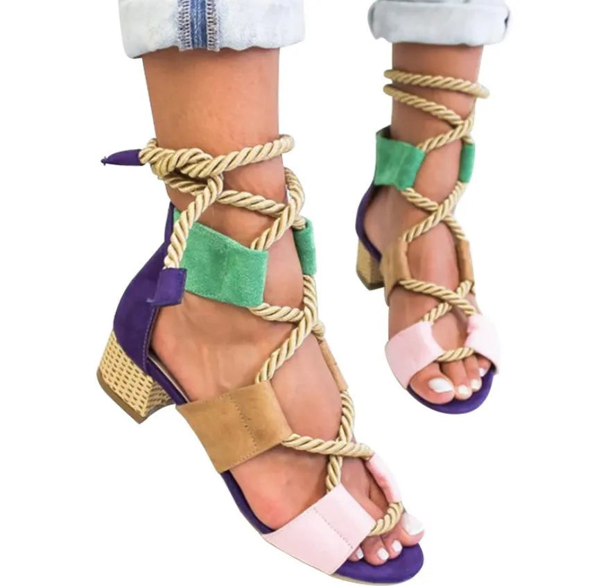 Women's colour matching sandals with thick heel, fish mouth toe, and ankle strap in suede material