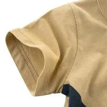 Boys' cotton T-shirt with animal print option, shown in sizes from 90cm to 140cm on a size chart.