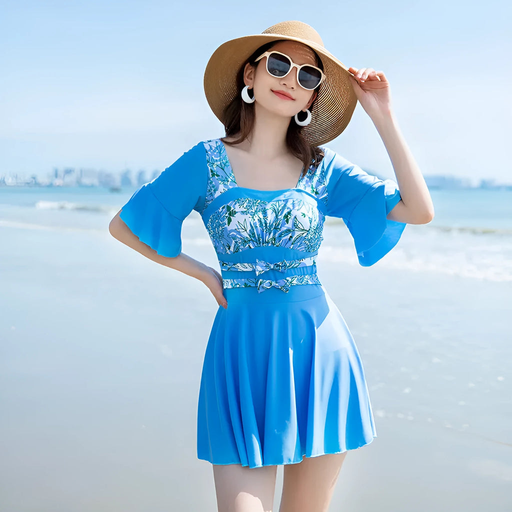 Women's blue and green seaside print one-piece swimsuit in chemical fibre blend fabric