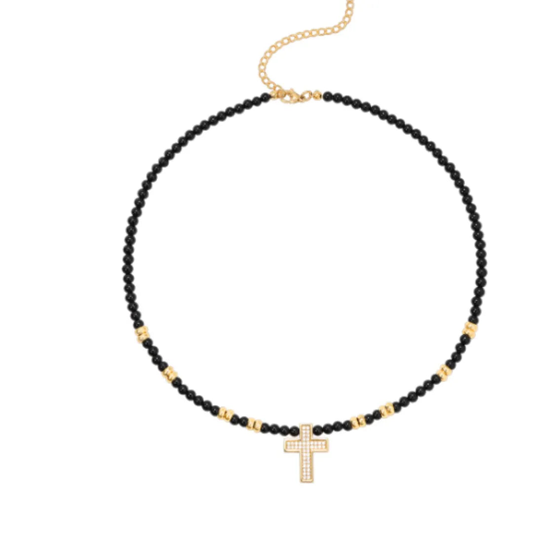 Men's hip-hop retro black agate cross necklace with 8cm extension chain in 45cm or 50cm length