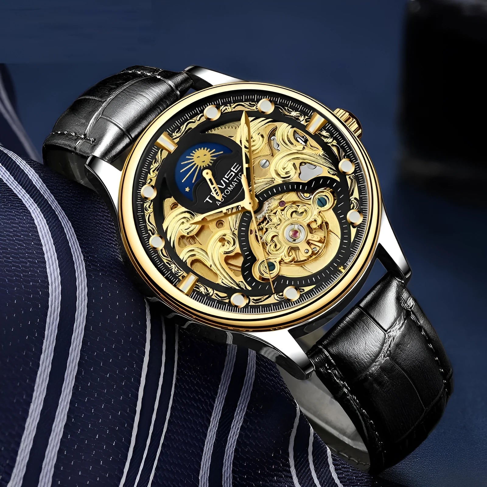 Men's waterproof automatic mechanical watch with leather strap in business style
