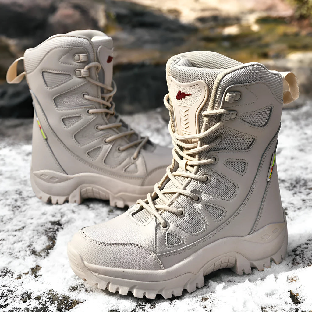 Men's cowhide leather hi-top hiking shoes in black, brown and beige colours