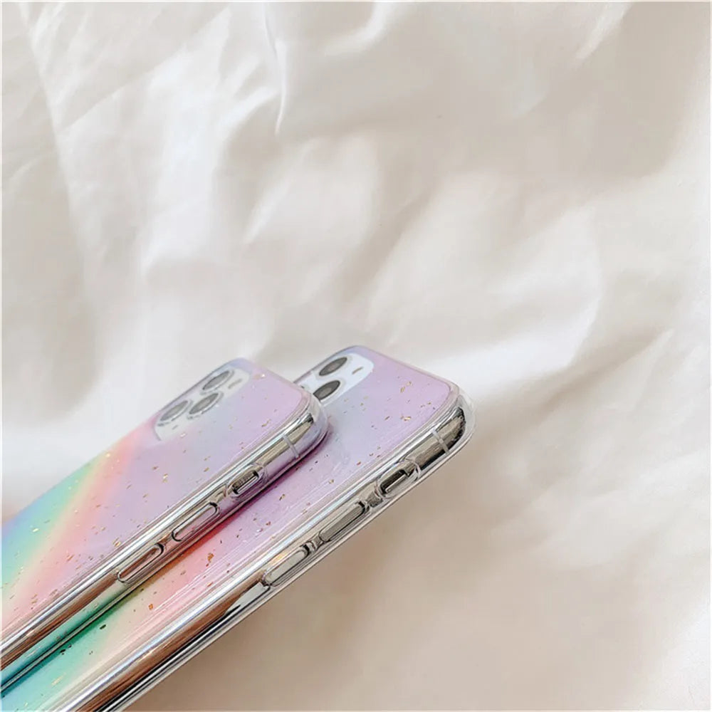 Rainbow gradient striped TPU protective case for iPhone models on a white background.