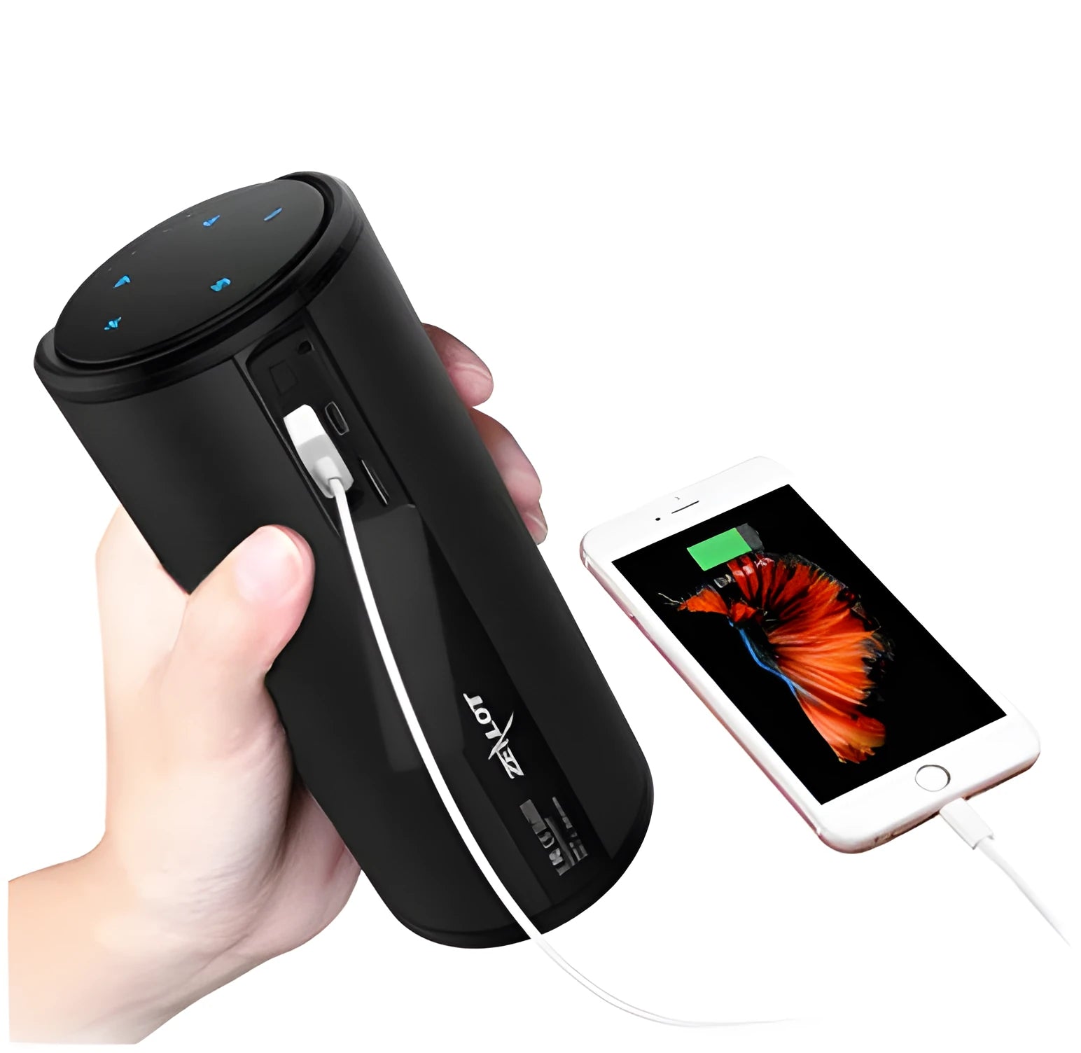 Compact portable Bluetooth speaker in black, blue, or red with control buttons on top.