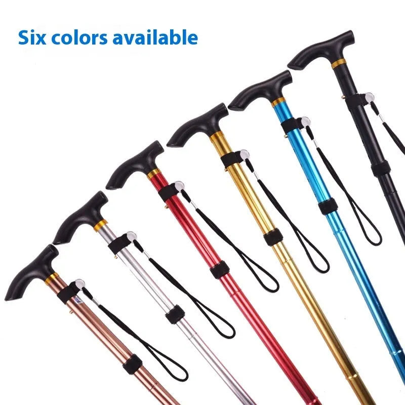 Aluminium folding walking stick with adjustable length and non-slip handle in six colour options