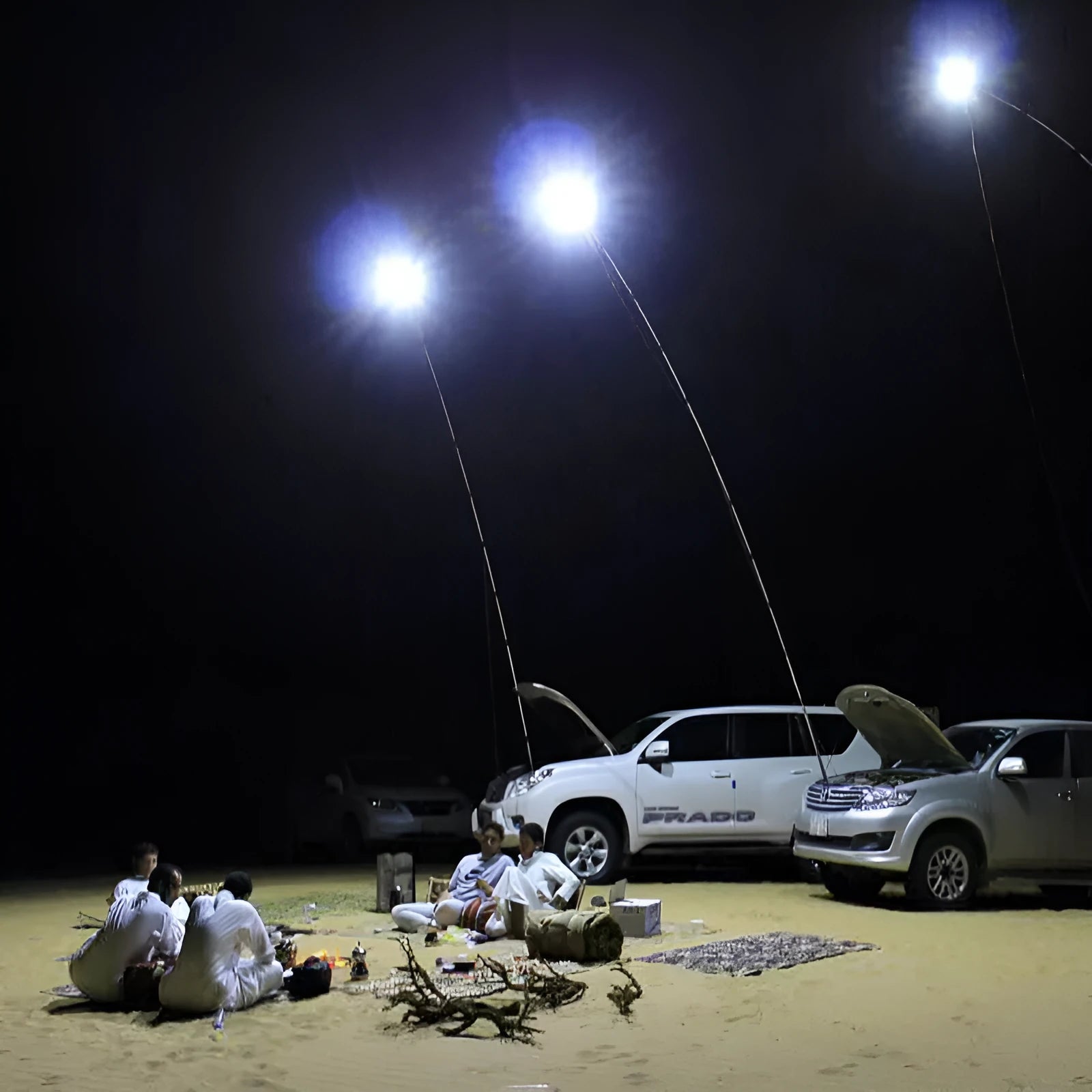 White LED fishing rod light with telescopic pole extended, showing remote control and connection cables