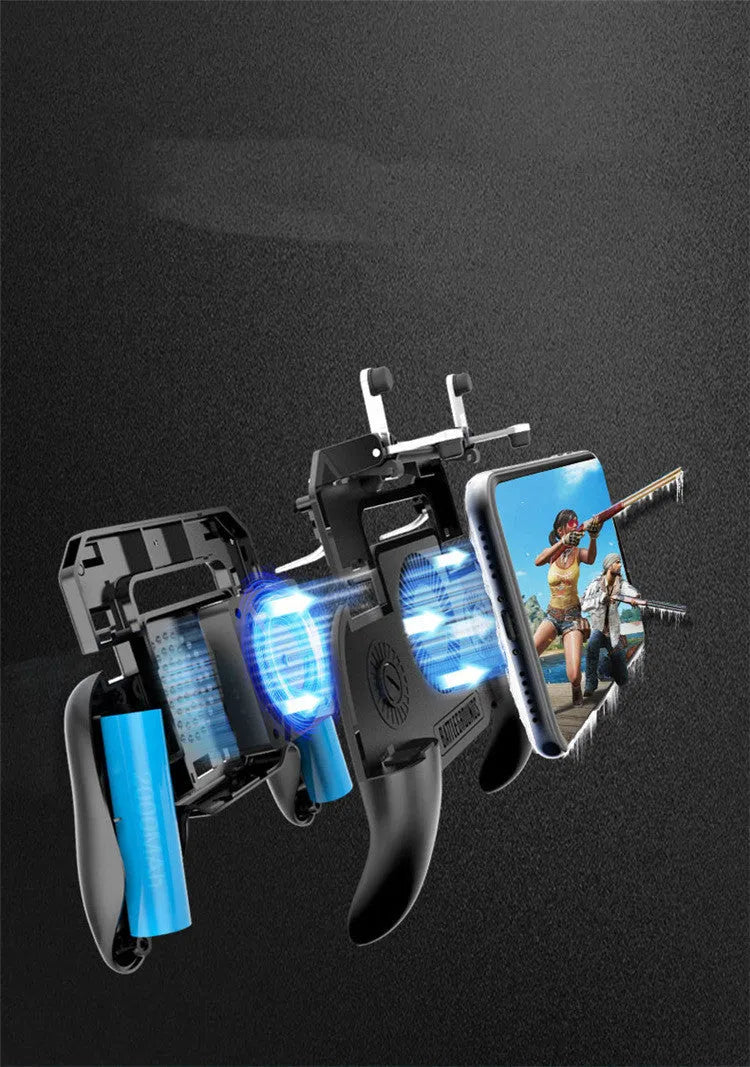A black mobile game controller for smartphones with a USB connector, showing grip and shot buttons.