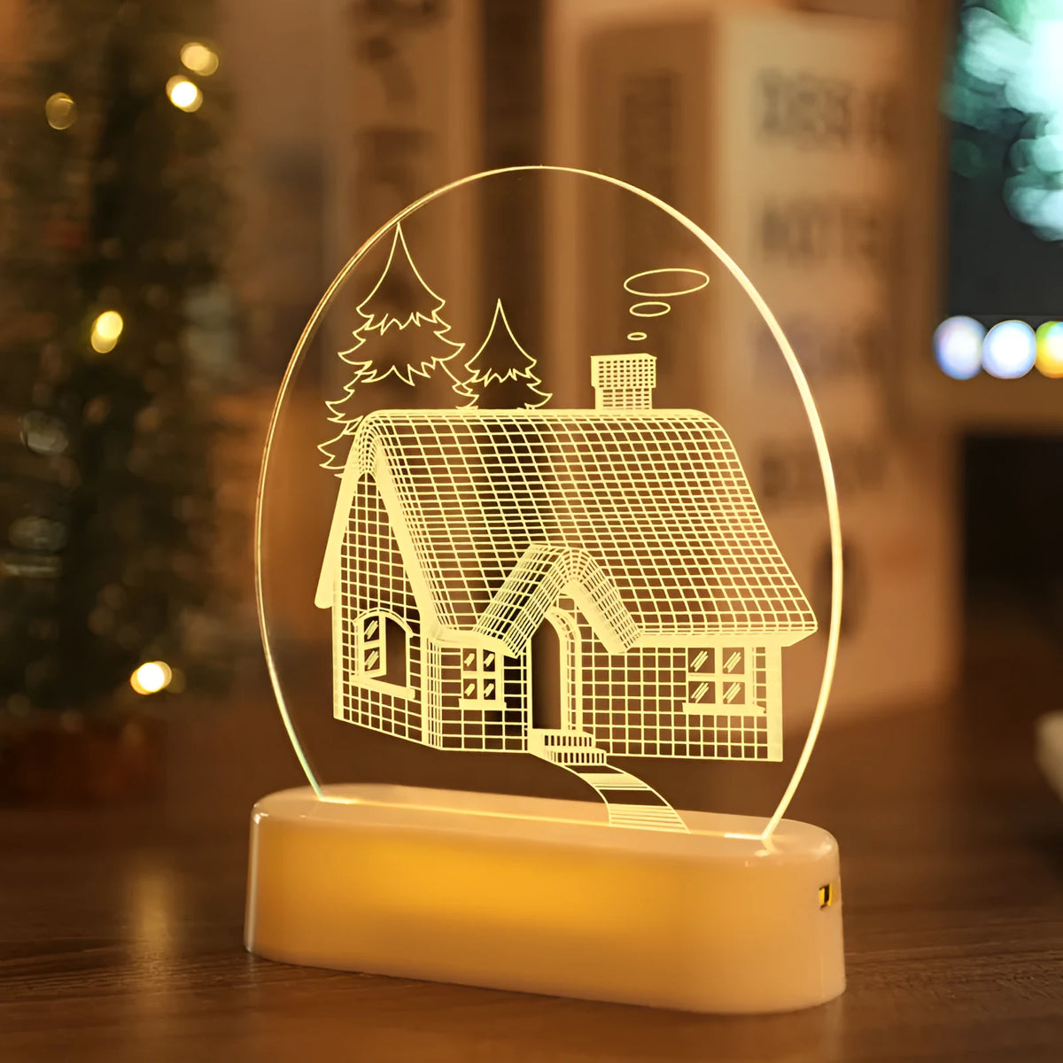 Warm white LED Christmas decoration light with 3D Santa Claus and tree design, battery or USB powered, 17.2cm x 13cm.
