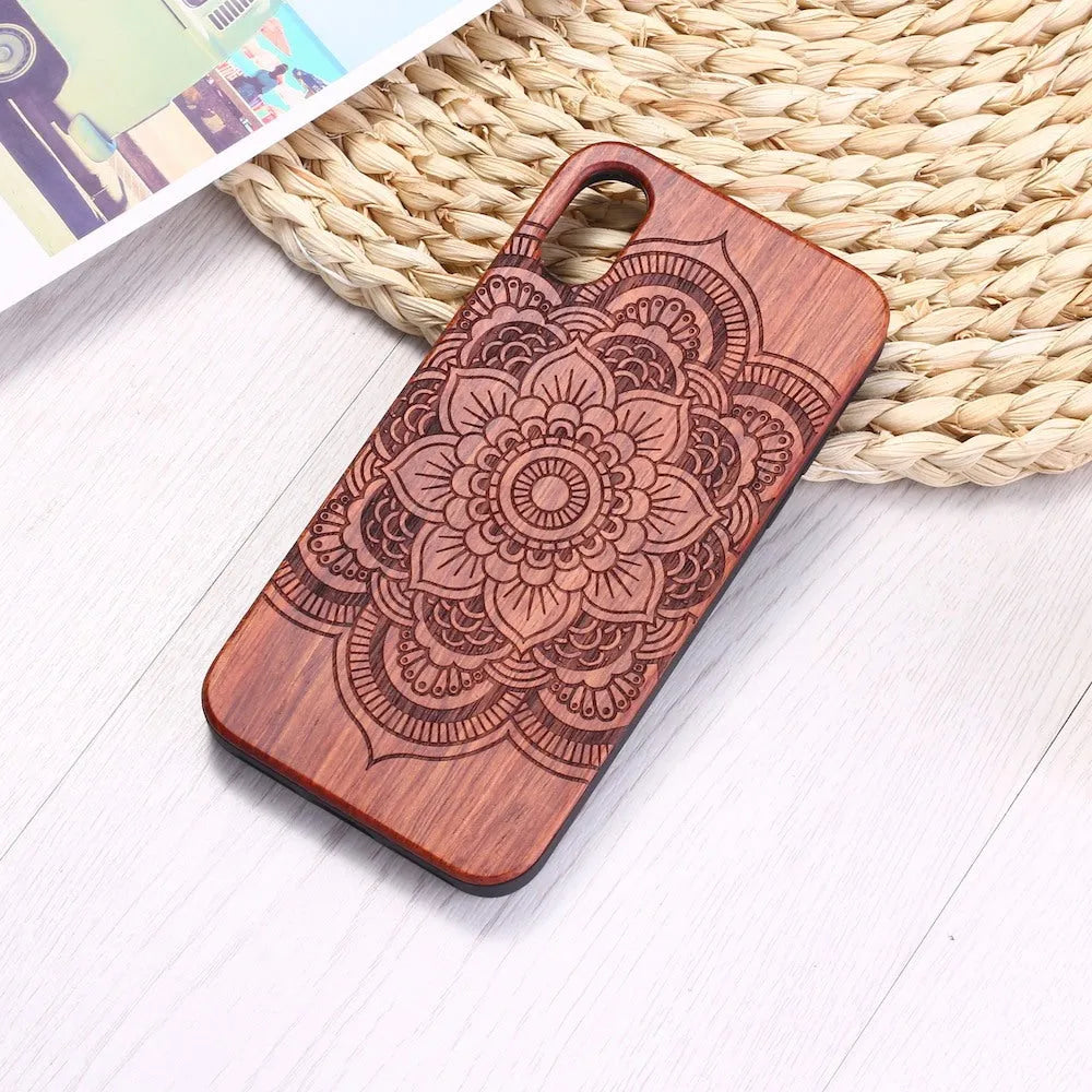 Mandala stick wood TPU phone case with laser-carved design for iPhone, brown finish