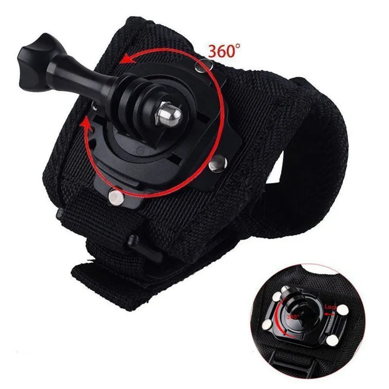 Black GoPro rotating wrist strap mounted on a hand, showing 360-degree rotation mechanism for action cameras.