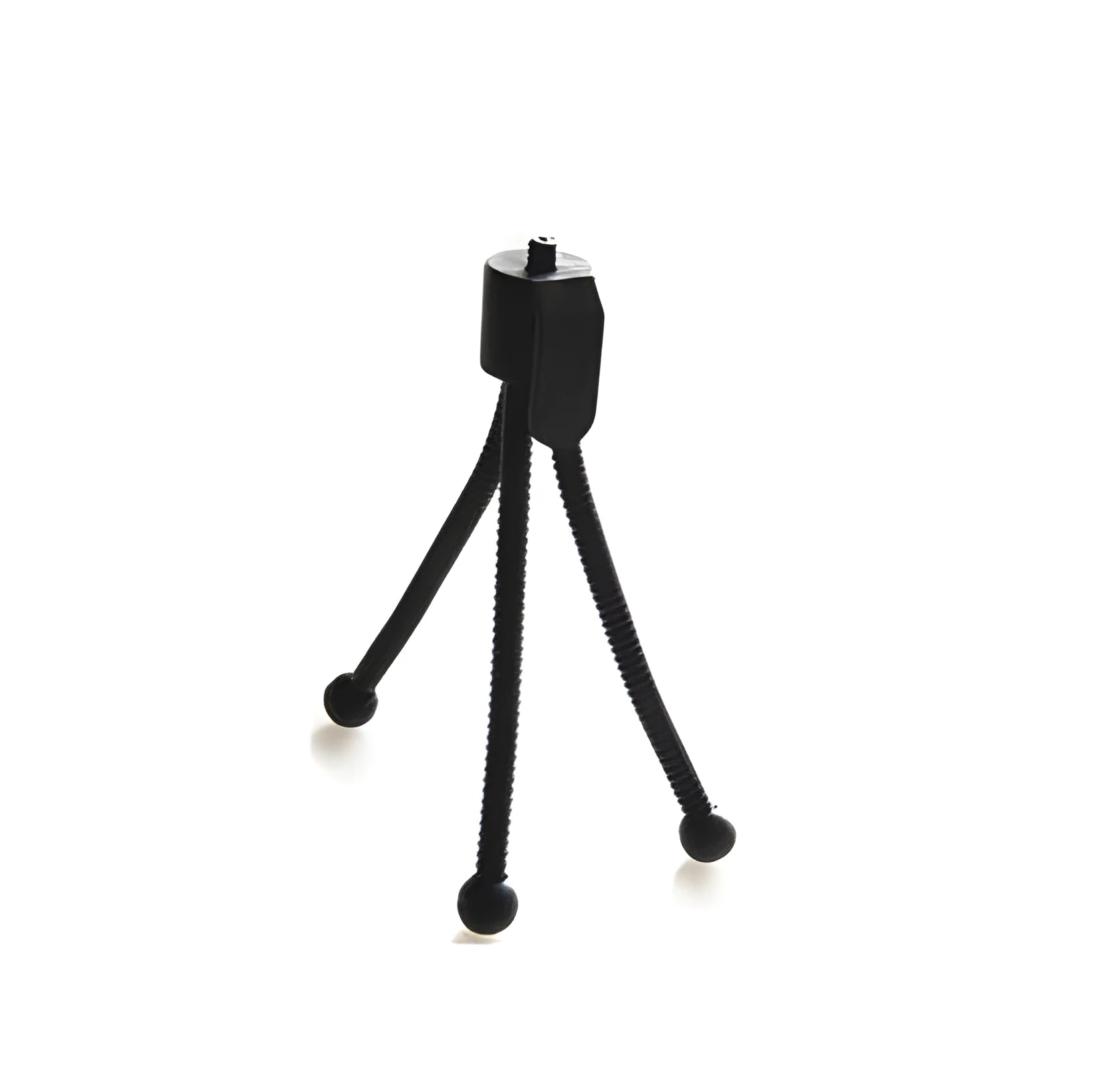 Small black iron mini tripod with ball head, shown extended and collapsed next to a mobile phone.