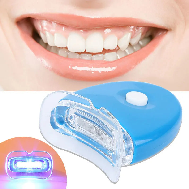 LED teeth whitening kit with button switch and denture tray in blue