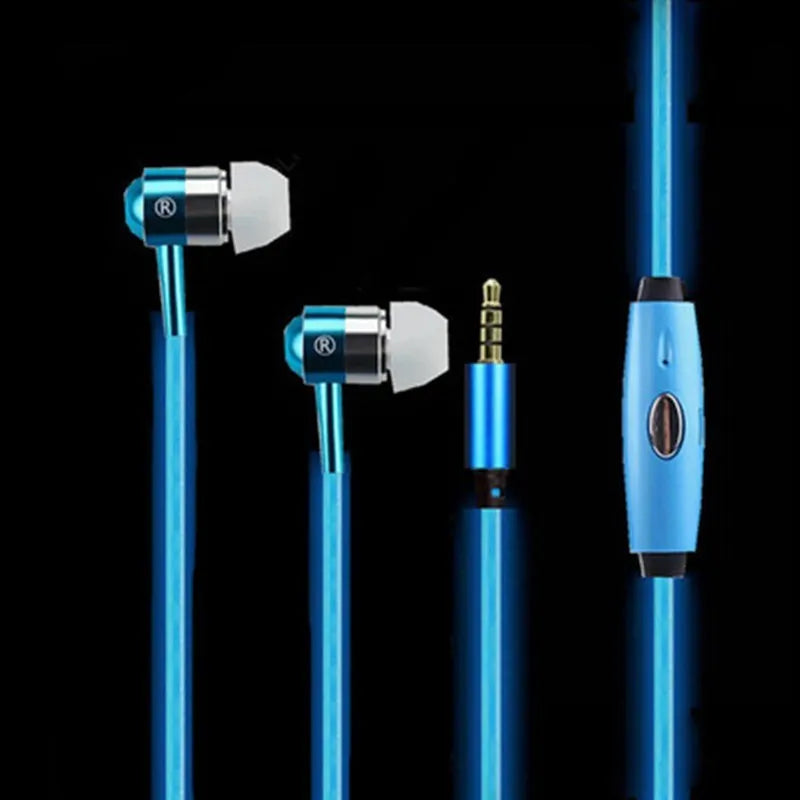 Blue LED light-up earphones with 3.5mm jack, compatible with iPhones, showing illuminated earpieces.