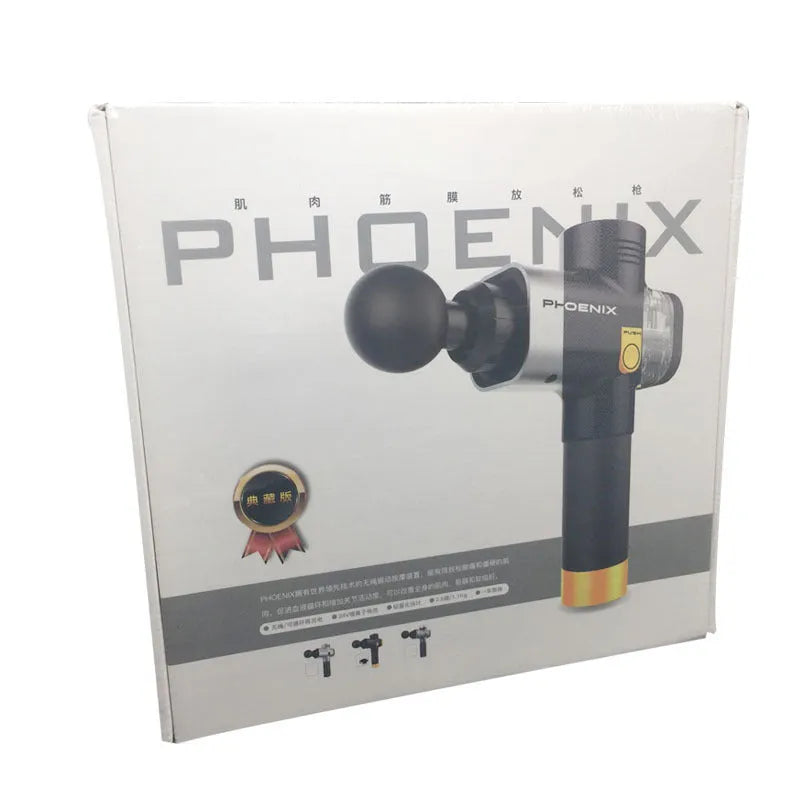 Black fascia massage gun with four attachment heads showing 29cm dimensions