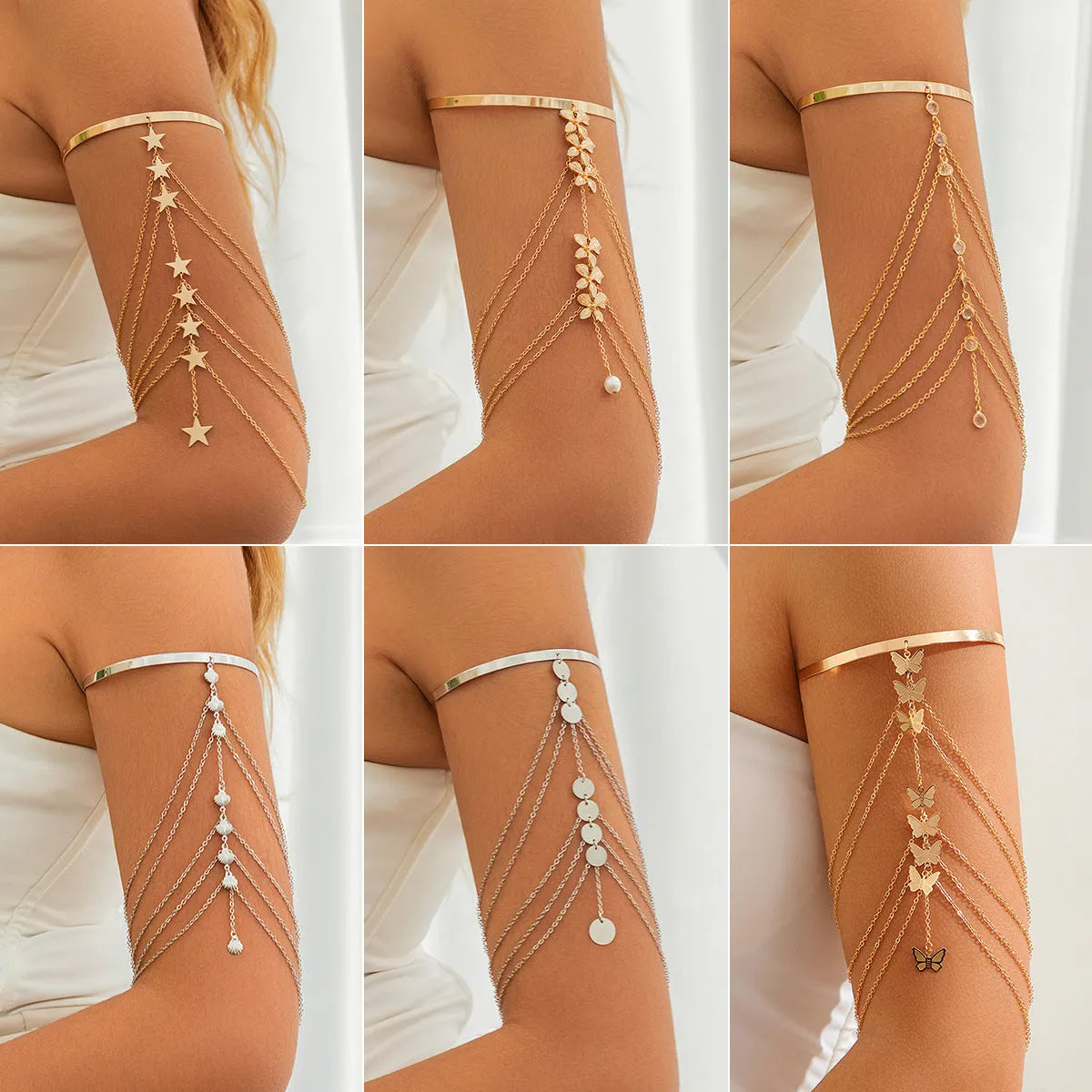 Metal arm chain bracelet with ethnic butterfly flower tassel design in 03 White K0315 electroplated finish