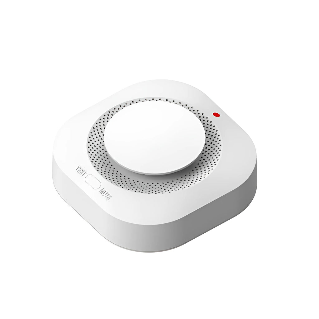 White wireless smoke detector fire alarm with 433MHz transmission, 80dB alarm sound, and DC9V 9V battery power