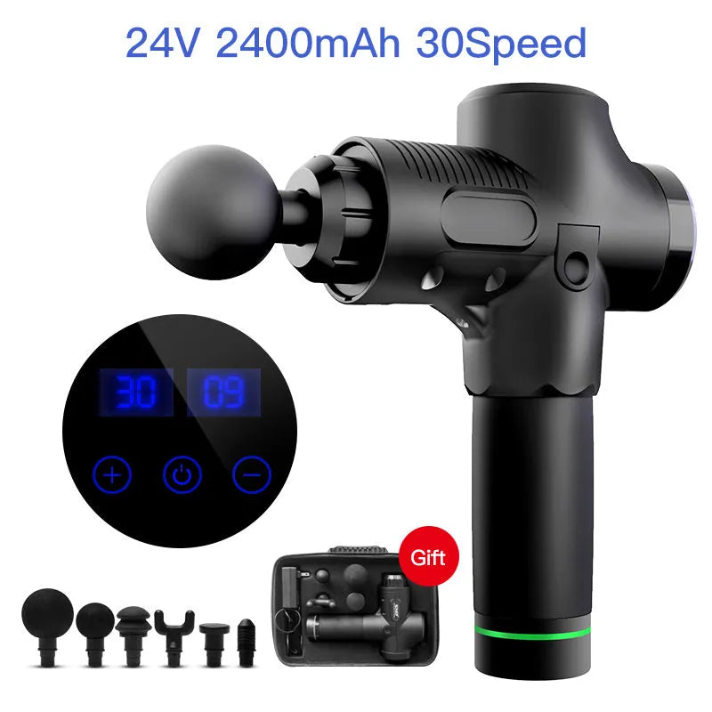 Fascia massage gun with 24V brushless motor, 30-speed control, six soft massage heads, and 2400mAh lithium battery in black.